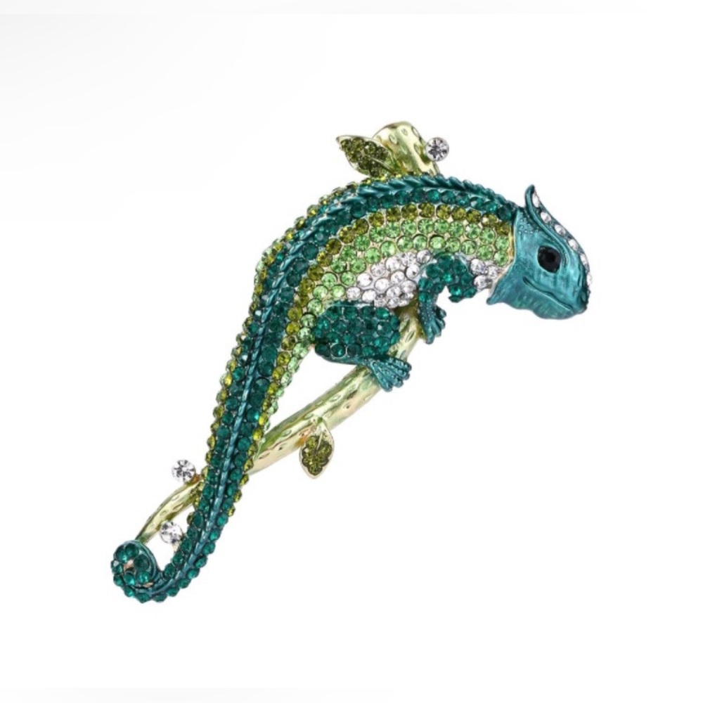 EVER FAITH AUSTRIAN CRYSTAL ENAMEL ANIMAL LONG TAIL CHAMELEON BROOCH